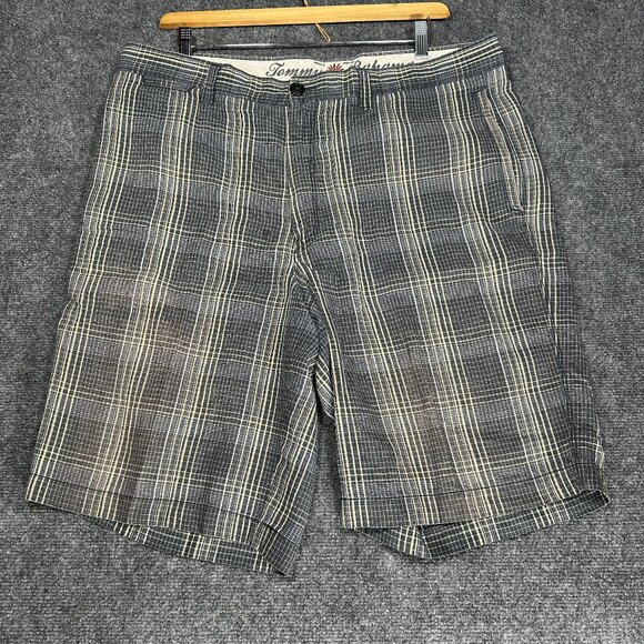 Tommy Bahama Shorts Mens 40 Gray Tan Plaid Linen Silk Pockets Flat Front - Picture 1 of 6